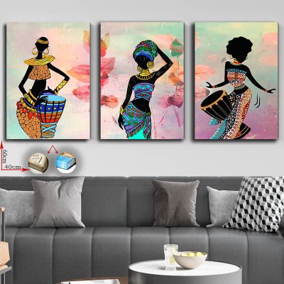Renki Zemin Afrikalı Kadınlar Çizim 3 Parça Kanvas Tablo