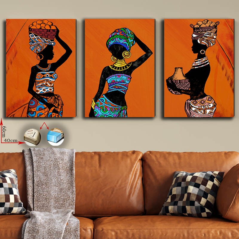 Turuncu Zemin Afrikalı Kadınlar 3 Parça Kanvas Tablo