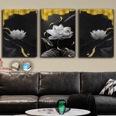 Siyah Zemin Lotus Çiçeği 3 Parça Kanvas Tablo