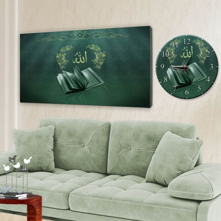 Yeşil Zemin - Kuran-ı Kerim - Allah (cc) Yazılı Kanvas Tablo - Saat
