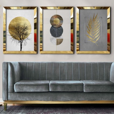 Gold Ağaç - Yaprak Aynalı Tablo Set
